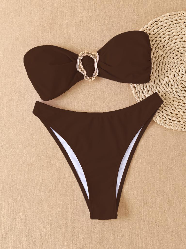 Women’s Summer Bathing Suit Solid Color Bandeau and High Cut Bottom Sexy Bikini Swimsuit, Two-Piece Swimwear