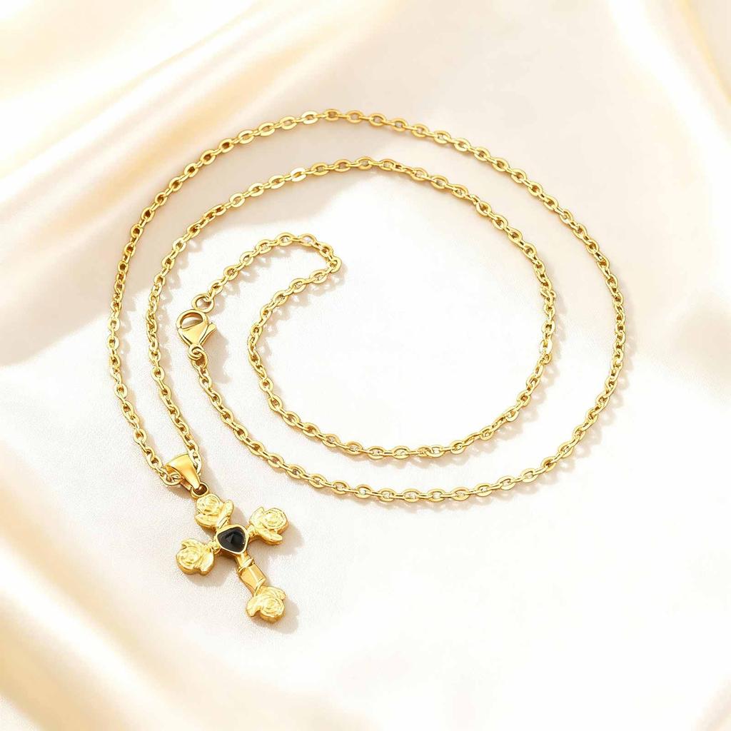 Stainless Steel Rose Cross Pendant Necklace for Women, Heart Shape Rhinestone Hypoallergic Jewelry, Valentine's Birthday