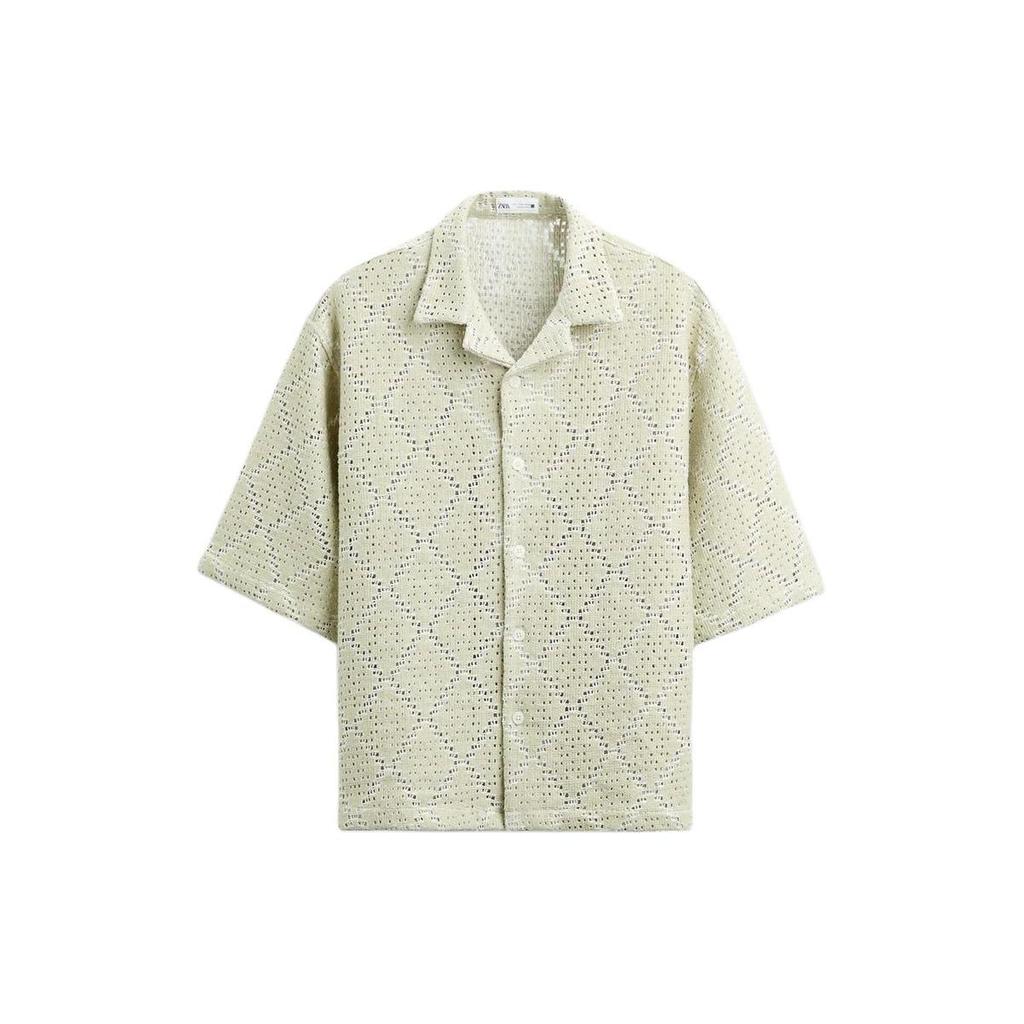 Zara Solid Color Loose Crochet Hollow Texture Short Sleeve Shirt Men Shirts Washed-Green 7545785-519
