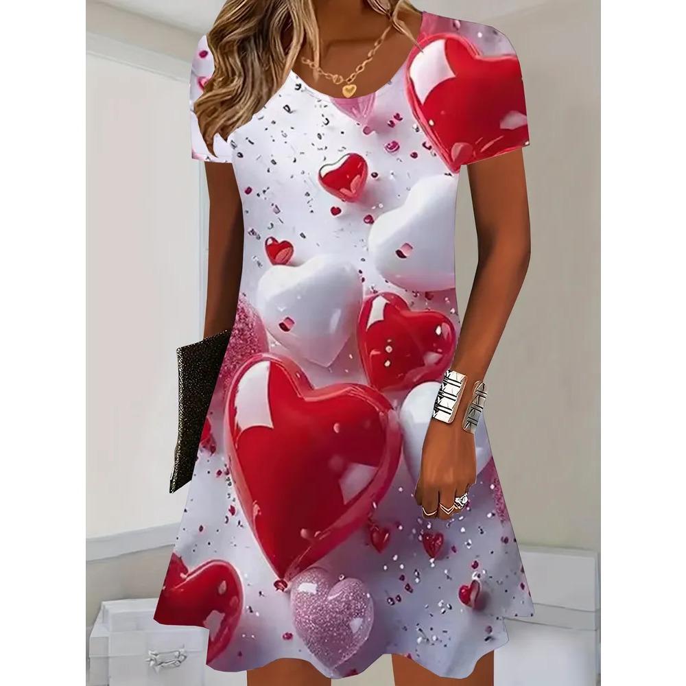 Summer Round Neck Short Sleeved Dress Colorful Heart-shaped Water Droplet Print Fashionable Comfortable Breathable Vacation Casual Women's Mini Dress