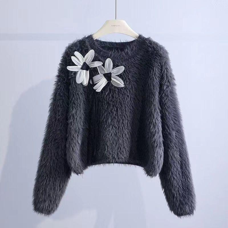 

Бархатный свитер с объемным цветком, женский осенне-зимний дизайн, Sense Niche, короткий свитер с длинными рукавами XL