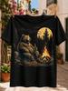 Bear Campfire Night GraphicRelaxing Brown Bear Holding a Bottle by Flames Under Full Moon and Pines  Unisex All TShirt