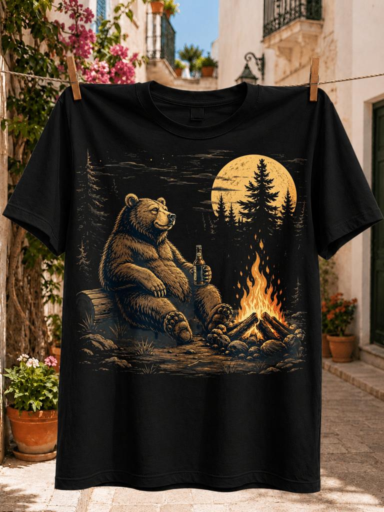 Bear Campfire Night GraphicRelaxing Brown Bear Holding a Bottle by Flames Under Full Moon and Pines Unisex All TShirt