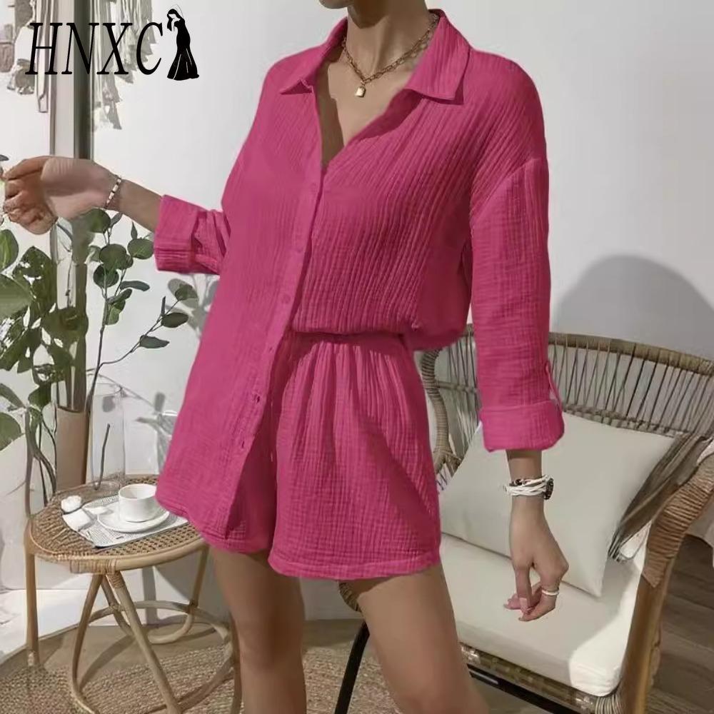 HNXC Damen Frühling und Sommer Mode Einfarbig Langarmhemd Anzug Damen Lässig Locker Shorts Zweiteiliges Set