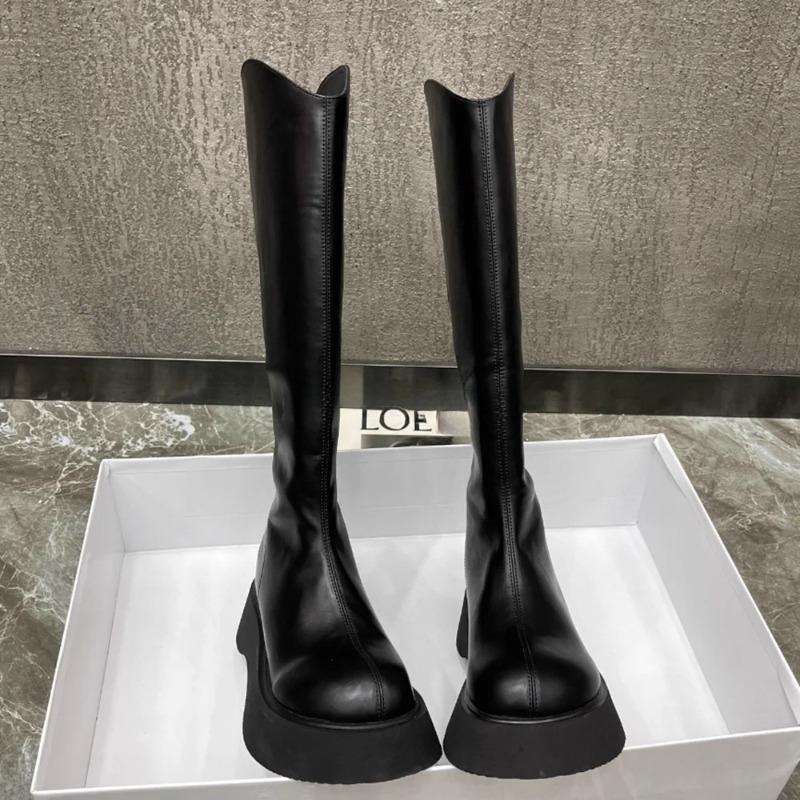 Cizme Sexy din Piele Naturală pentru Femei 2024 Toamnă Nouă Modă Talpă Groasă Rotunde Elegante Cizme de Cavaler Culoare Solidă Casual cu Fermoar