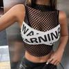 2024 Euro-American Style Summer Mesh Ripped Hollow Top: Street Fashion Color-Block Letter Vest for Women
