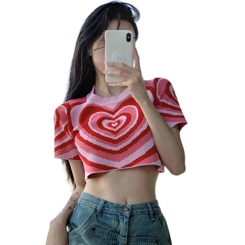 

Женские топы Вязаный пуловер с короткими рукавами Love PrintO Neck