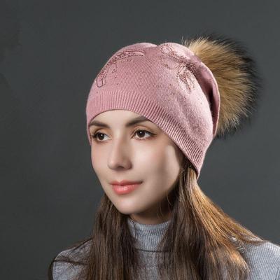 Mujer Invierno Piel Bola de Mapache Cálido Caliente Diamante Calado Mariposa Tejido Versátil Gorro Jersey