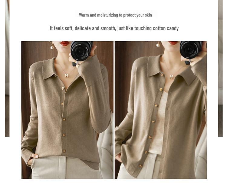 Women's Wool Cardigan with POLO Collar - Long Sleeve Sweater for Spring & Autumn
