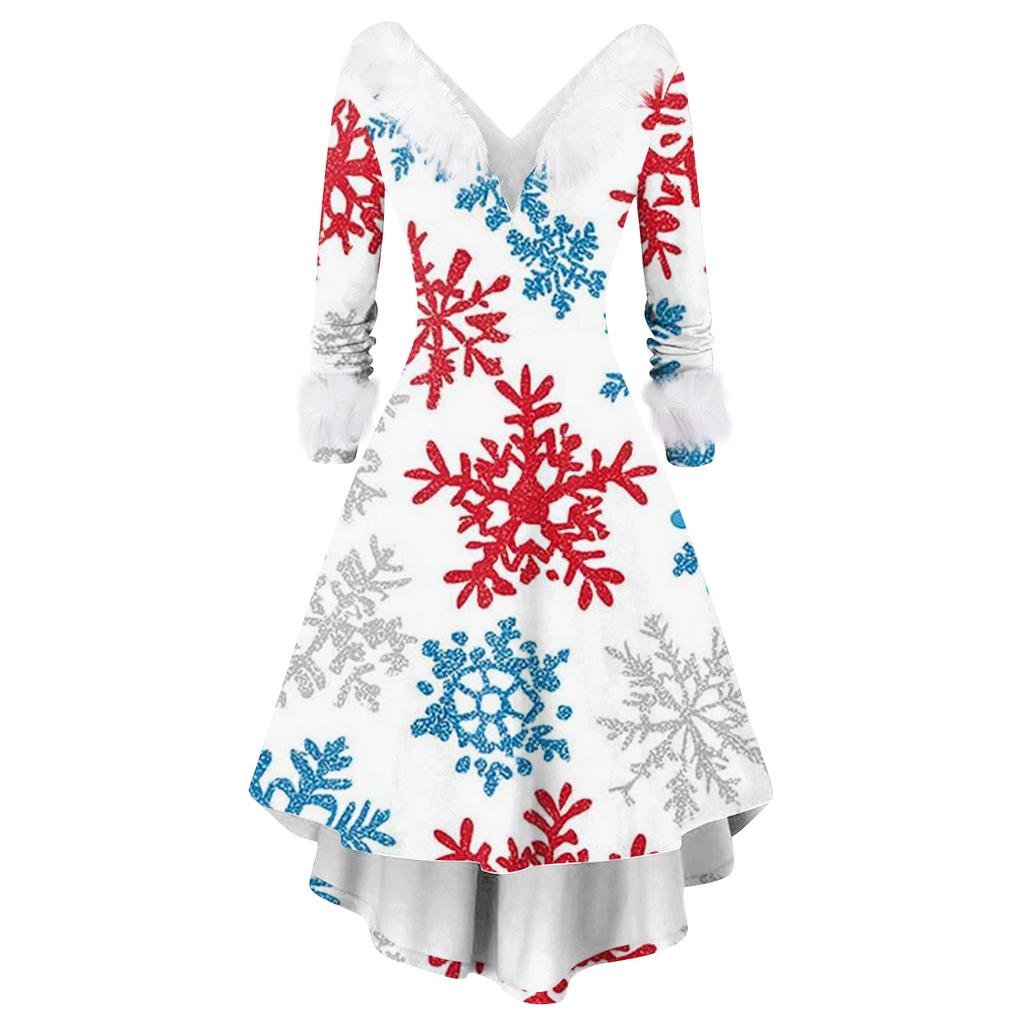 Women's Fashion Elegant Autun And Winter Long Sleeve V-Neck Christmas Print Dress