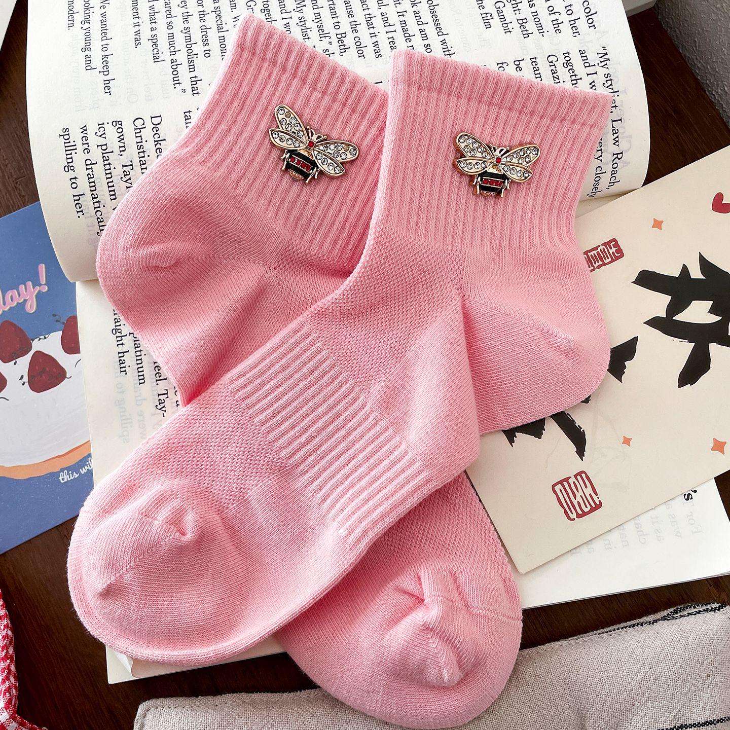 93% Cotton Rhinestone Bee Mesh Short Socks - Versatile Korean Fresh Girly Academy Style розовый