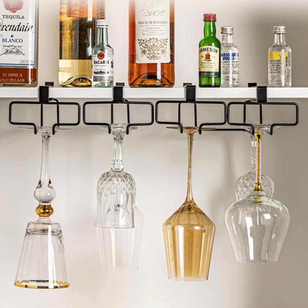 Non perforated inverted iron hanging high footed red wine cup holder, home bar hanging glass storage rack, glass organizer