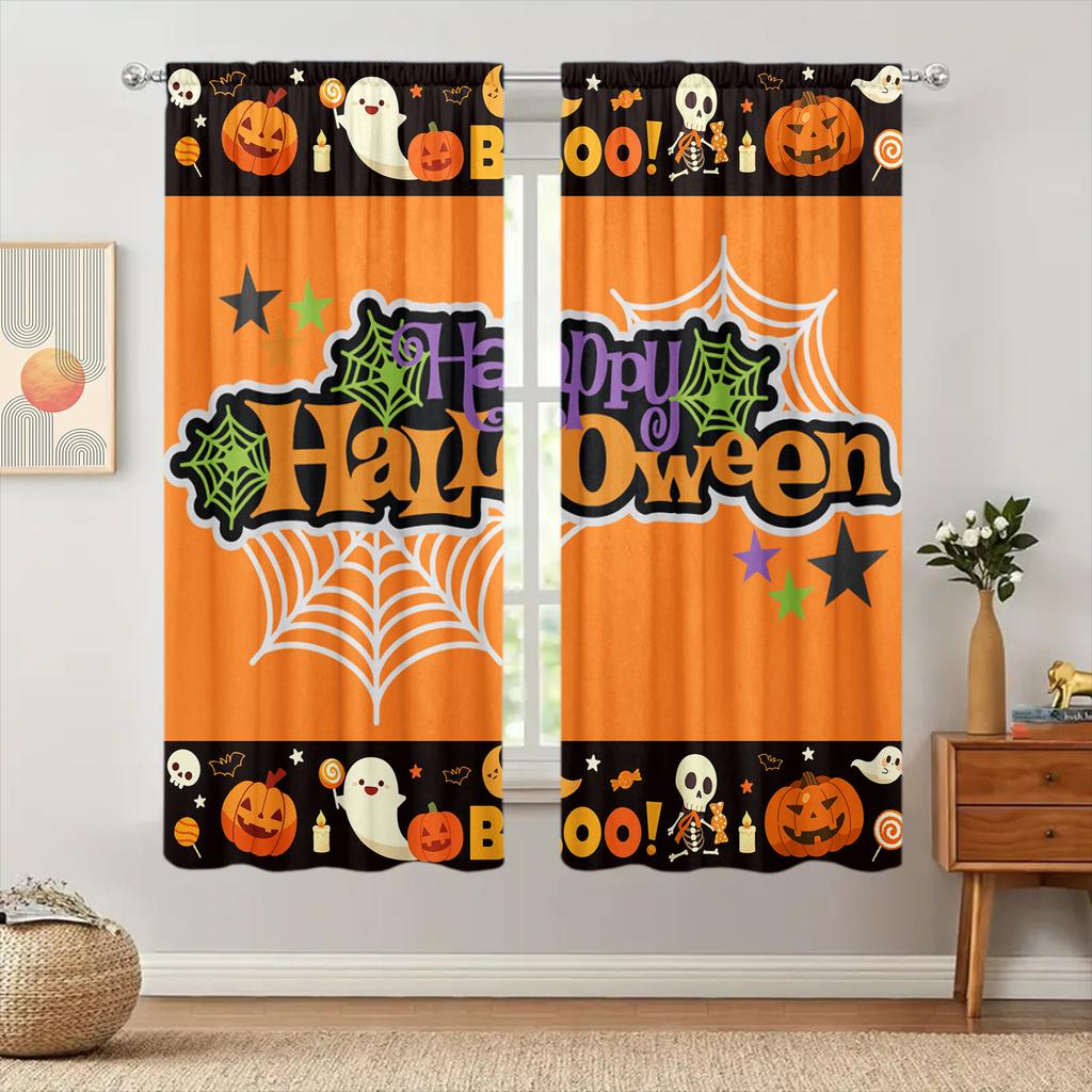 2 Stück Happy Halloween Bedruckter Vorhang für Heimdekoration - Stangentasche Fensterbehandlung für Schlafzimmer, Büro, Küche, Wohnzimmer