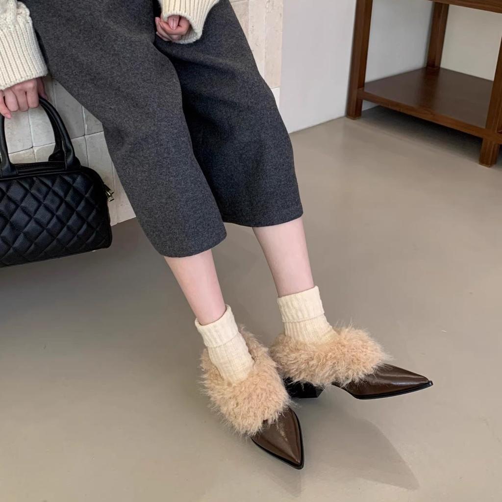 Premium pointed curly small leather shoes retro one-pedal fluffy single shoes middle heel family thermal cotton shoes
