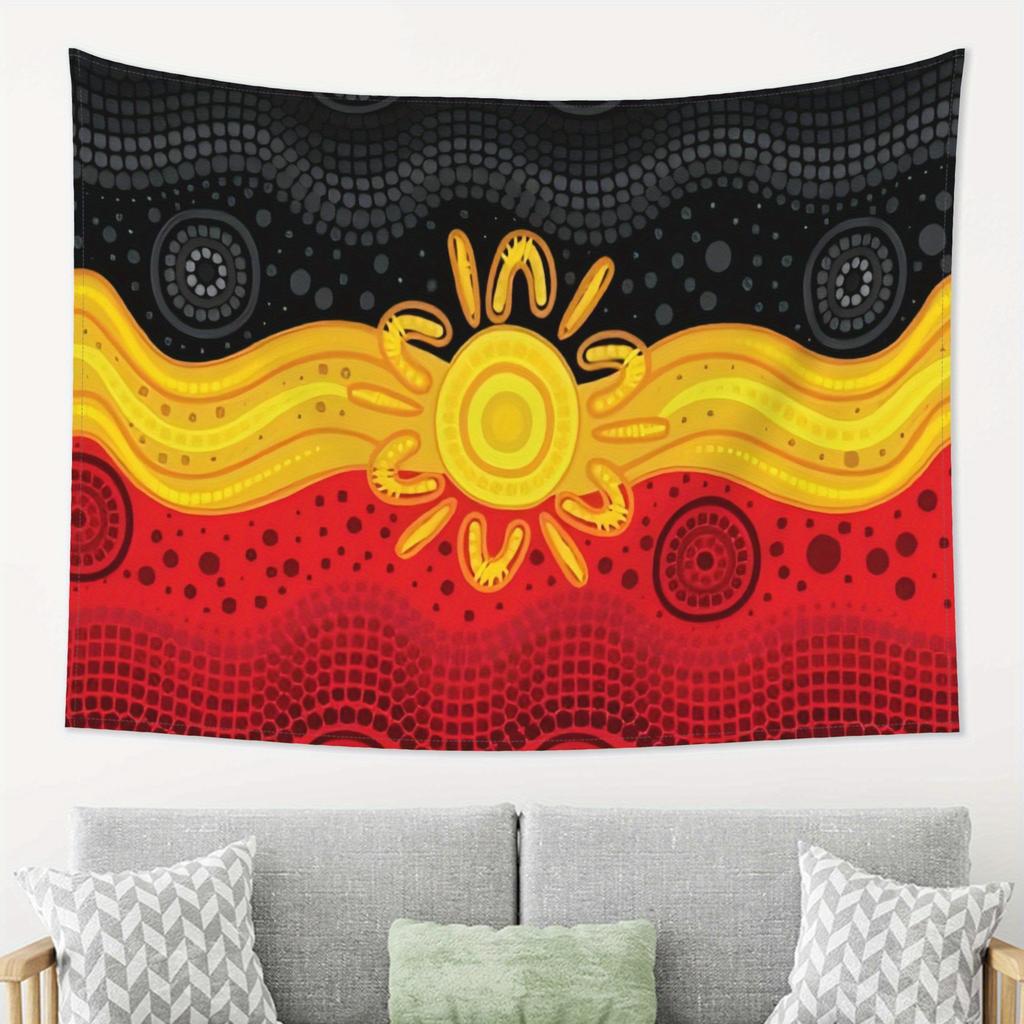 Indigenous Flag Design Tapestry Vibrant Aboriginal Art Wall Hanging with Sun Motif Tribal Patterns Horizontal Decor