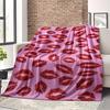 Pink Background Red Lip Print Kiss Mark Seamless Flannel Throw Blanket, Soft Warm Sofa Cover, Romantic Valentines Bedroom Decor