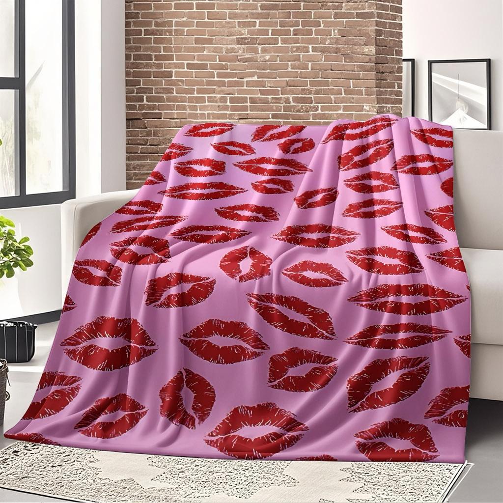 Pink Background Red Lip Print Kiss Mark Seamless Flannel Throw Blanket, Soft Warm Sofa Cover, Romantic Valentines Bedroom Decor