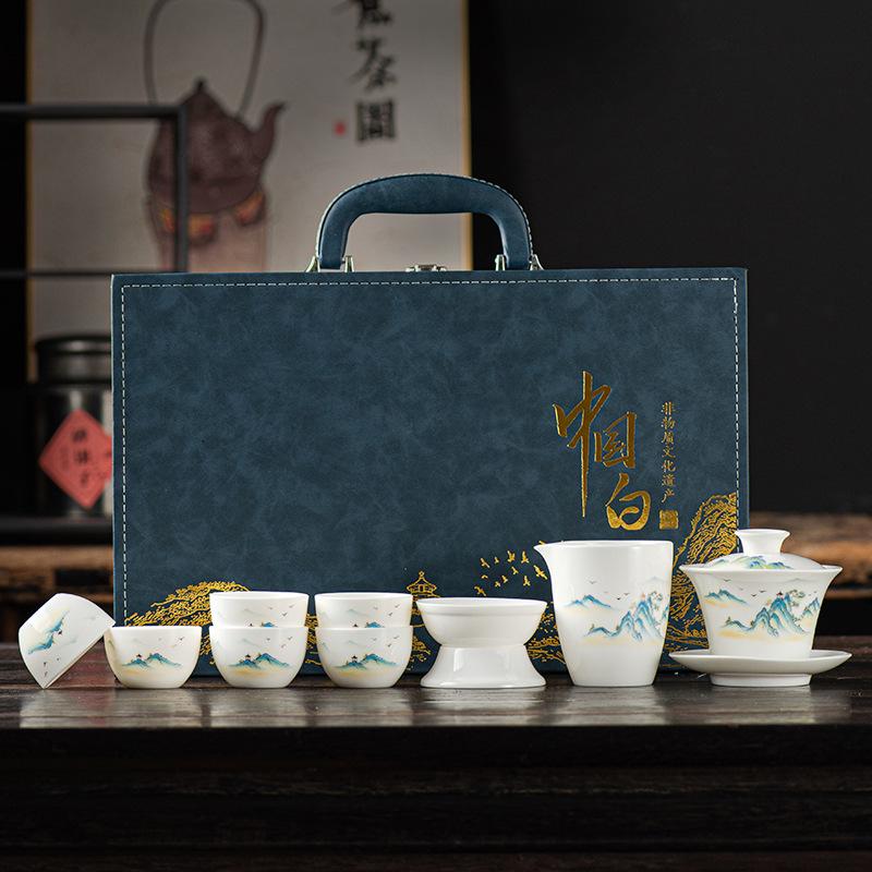 Elegant Jade White Porcelain Gongfu Tea Set - Luxury Portable Gift for Business Events