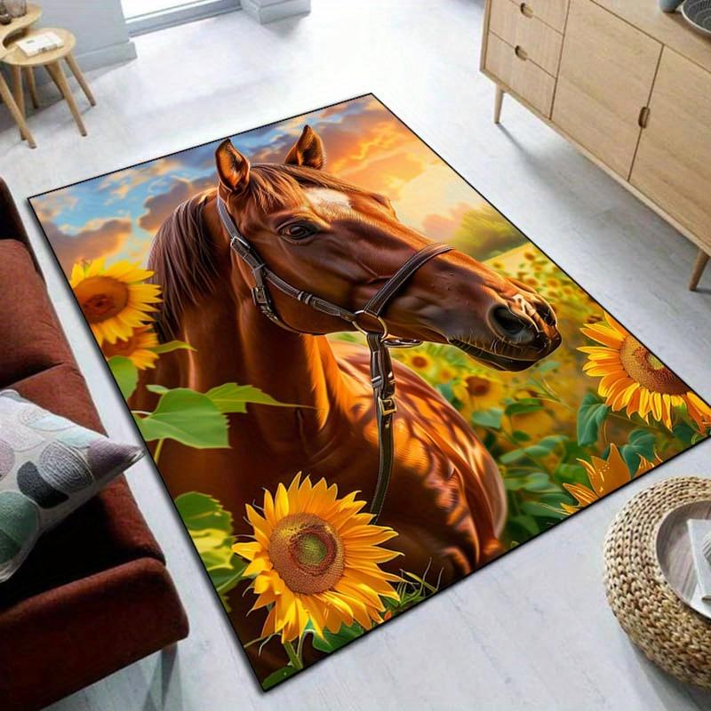 Sunflower Horse Rug: Warm Sunset Landscape for Inviting Living Rooms - Beautiful Farmhouse Style Carpets | Equestrian Decor