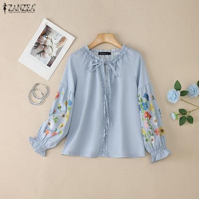 Women Casual Round Neck Floral Splice Long Sleeve Blouse
