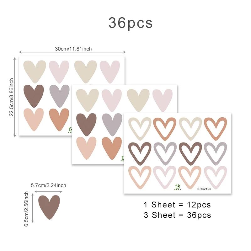 36Pcs Boho Hearts Wall Stickers For Home Living Room Children Girl Boy Bedroom Decoration Baby Nursery DIY Art Decals Wallpaper