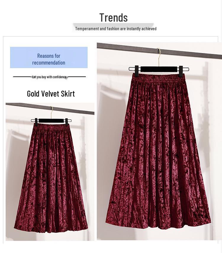 Pleated Velvet A-Line Skirt: Women's Versatile Mid-Length High-Waisted Slimming Style for Autumn and Winter