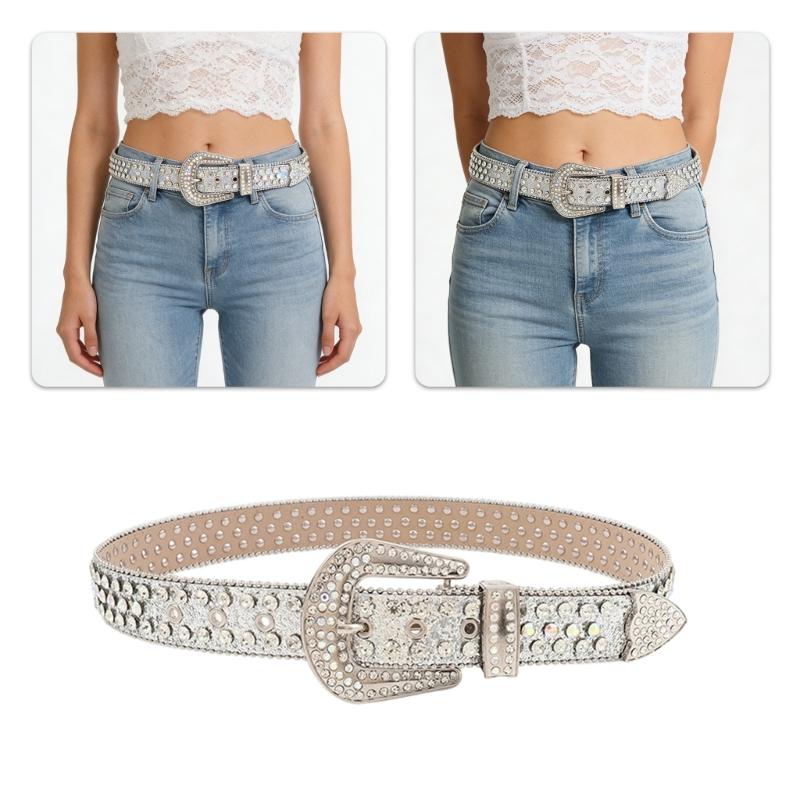 Elegant Rhinestones Belt For Women PU Leather Waistband With Adjustable Length And Sparkling Design