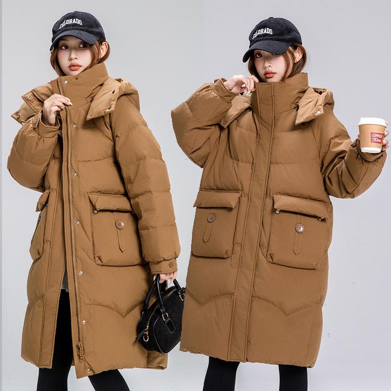 2025 winter new mid-length down padded jacket large size loose Korean over-the-knee padded jacket women's detachable hat