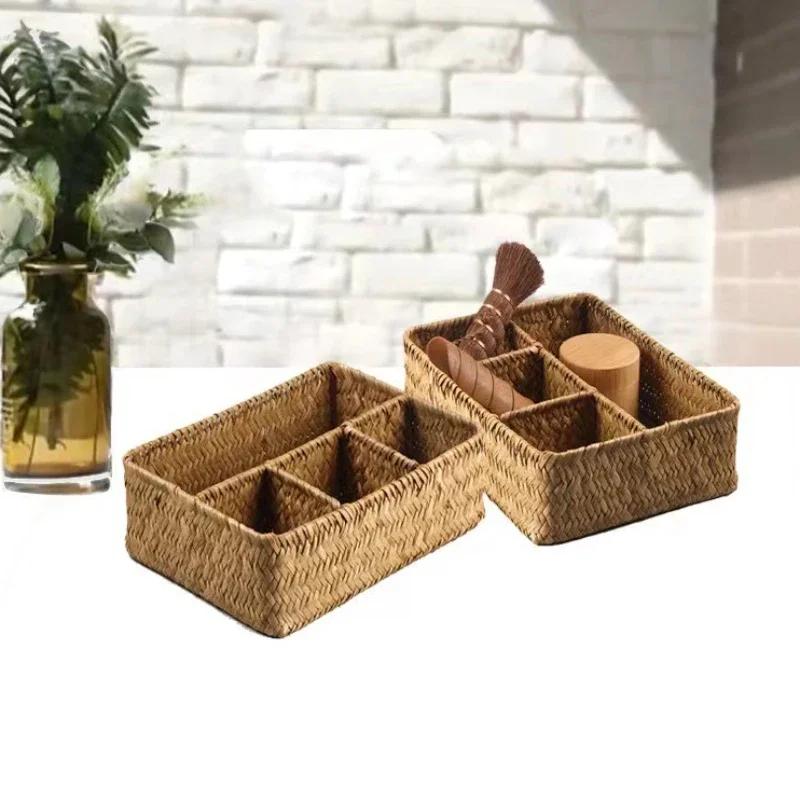 Hairpins Jewelry Accessories 4 Grids Storage Basket Handmade Woven Willow Storage Basket For Clothes Cosmetic Stationery
