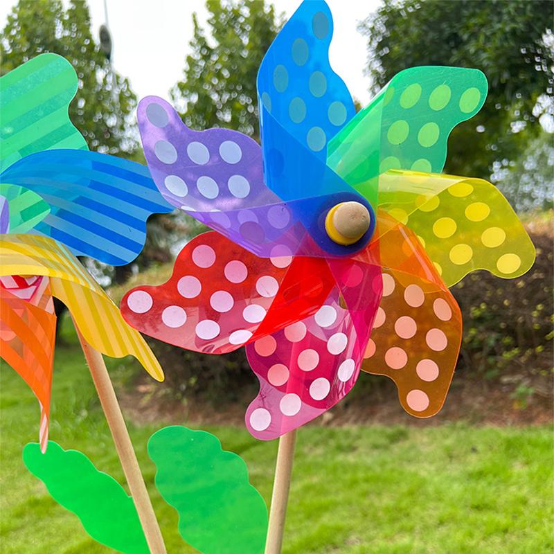 18 cm Tre Håndholdt Plast Vindmølle Prikk Stripete Fargerik Trepinne Vindmølle Hage Gård Fest Ornament Utendørs Leker for Barn