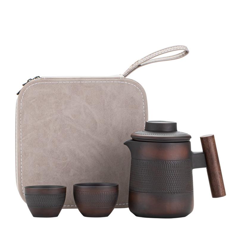 High-end Purple Pottery RetroTea Set Outdoor Travel Tea Set Portable Kungfu Tea Set Teapot Small Package Birthday Gift
