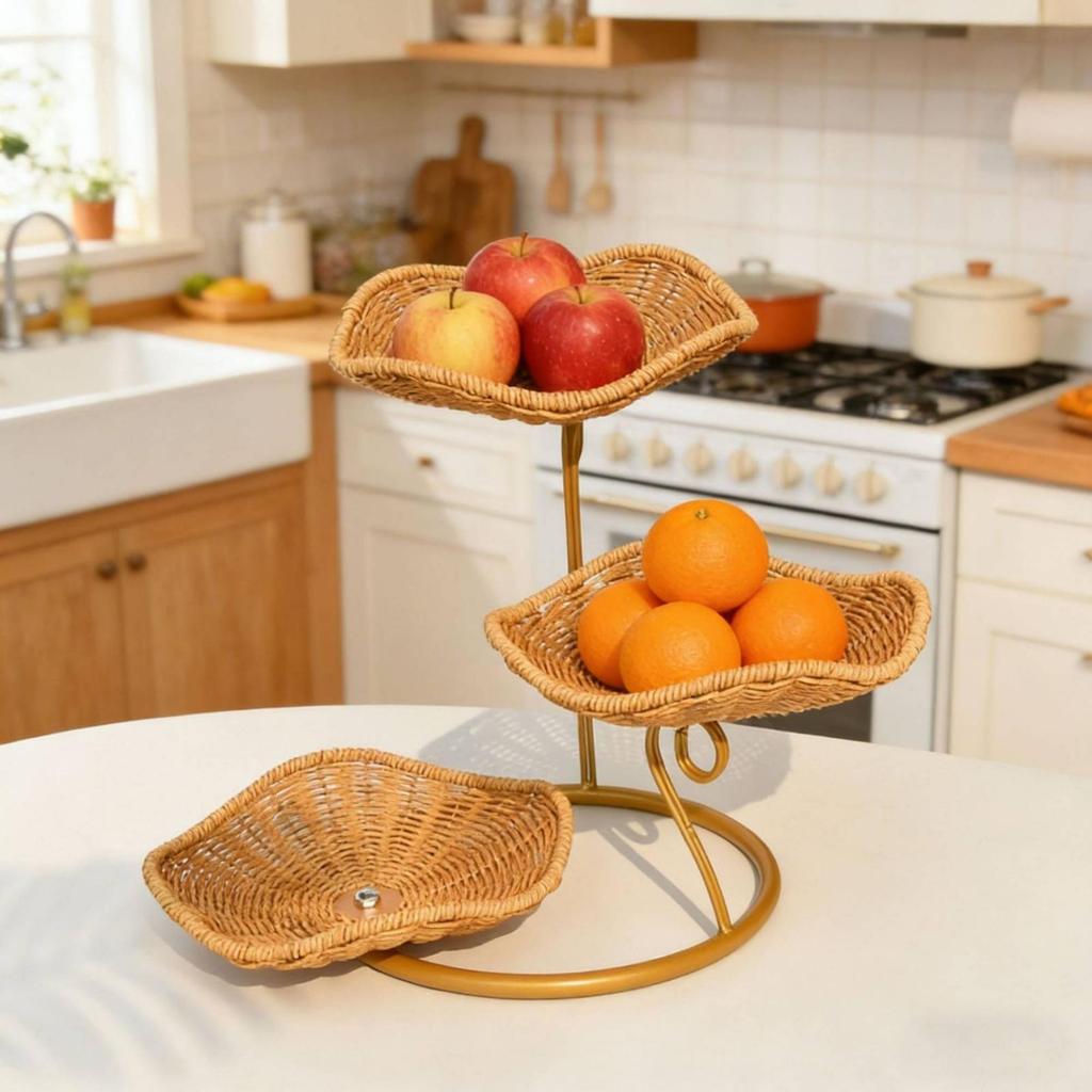 Tiered Fruit Basket Faux Rattan ThreeTier Stand Woven Look 3 Tier Bowl for Kitchen