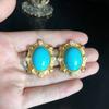 Retro Fashion Turquoise Short Gold Plated Necklace Earnail Set Elegant and Versatile Women's Jewelry