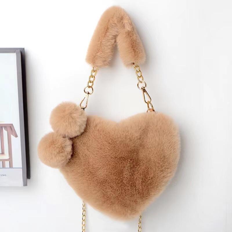 Faux Fur Heart-shaped Women Small Handbags Fluffy Plush Ladies Chain Shoulder Bag Female Furry Daily Clutch Purse