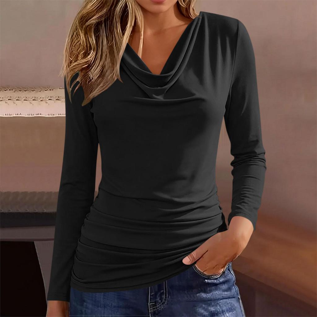 Women's Fashion Casual Long Sleeve Cowl Neck T Shirt with Elastic Side Waist for Everyday Wear