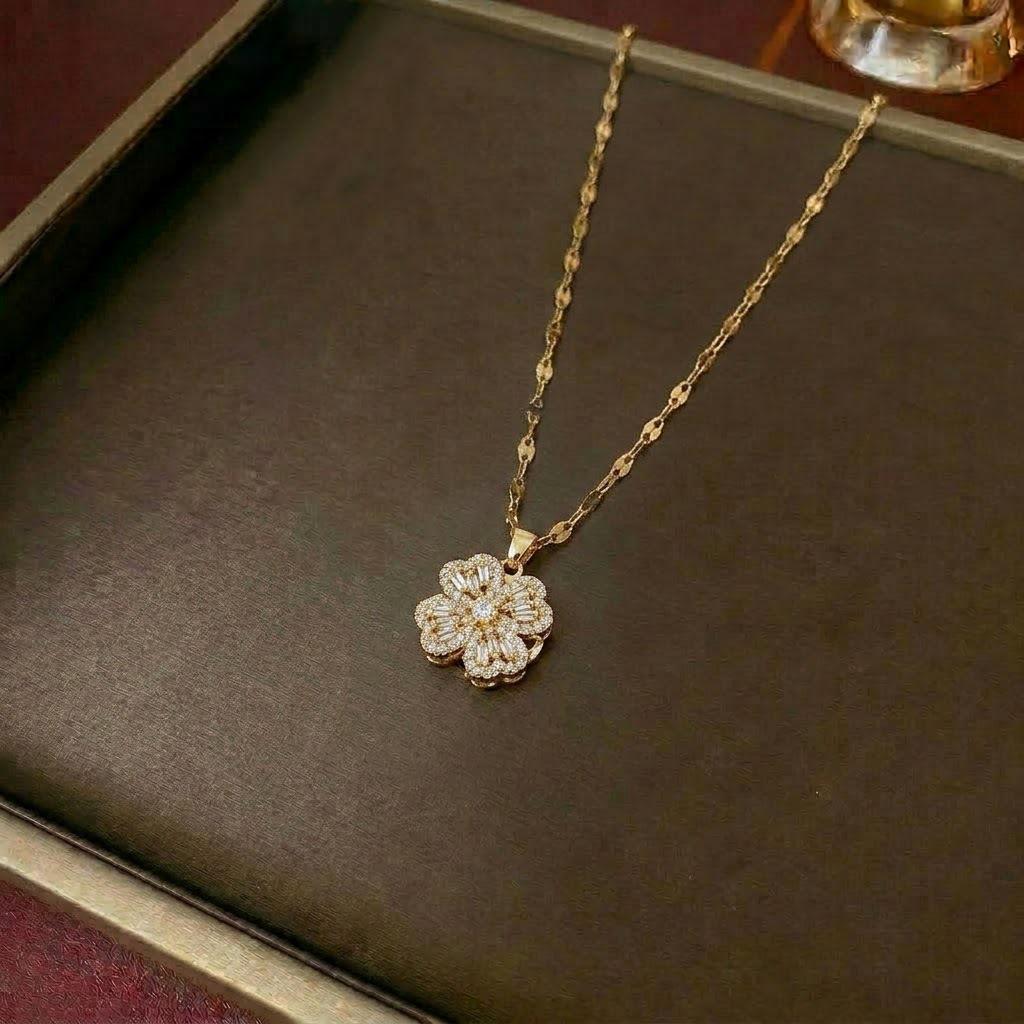 Women's Fashion Necklace & Bracelet Set: Flower Pendant, Diamond Bauhinia Earrings