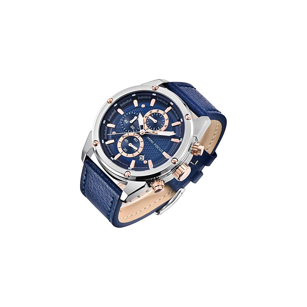 Men s Casual Quartz Watch Blue Analog Waterproof Date Stopwatch Leather Band