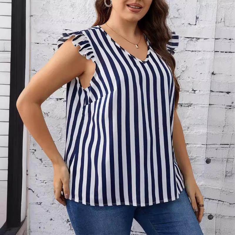 

Летняя женская футболка с V-образным вырезом и маленьким рукавом-лепестком лотоса большого размера 5XL синий