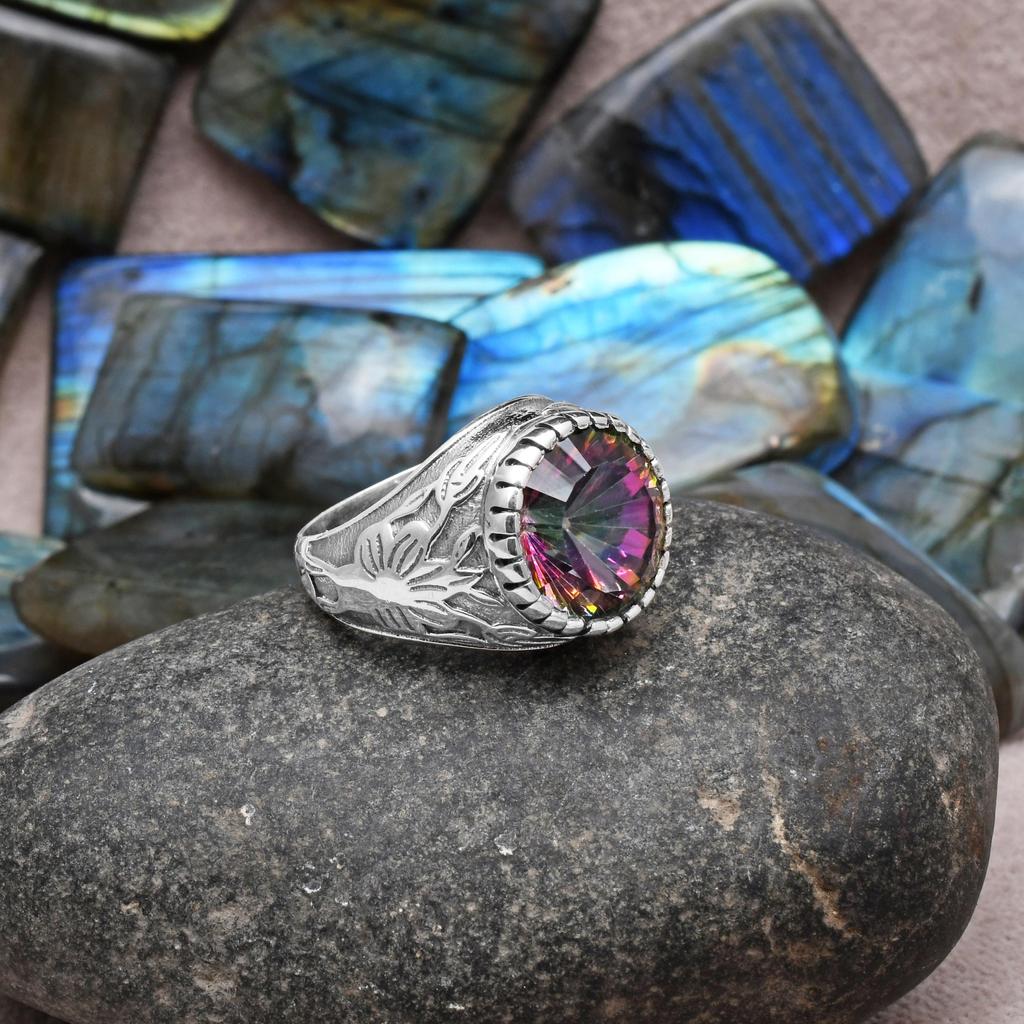 12 Mm Round Shape Mystic Topaz 925 Sterling Silver Classy Designer Shank Statement Ring For Unisex