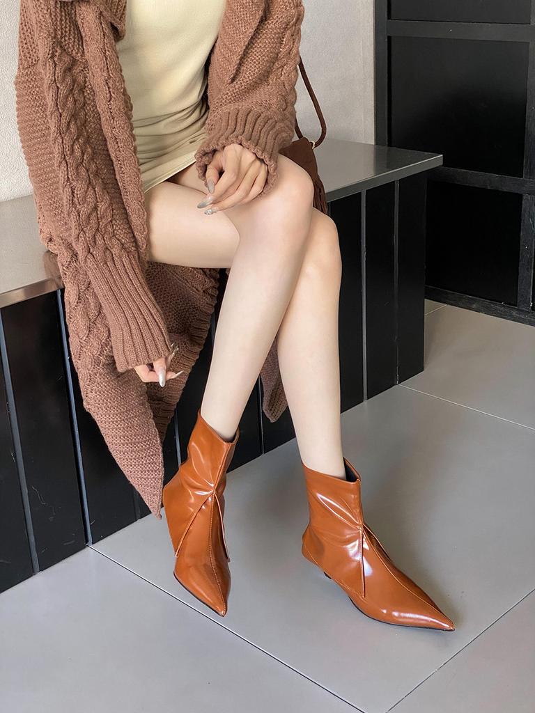 fashion Winter Women Ankle Boots Pointed Toe Black White Brown Thin Low Heels Back Zipper Winter Autumn Short Boots Woman Size 35-40