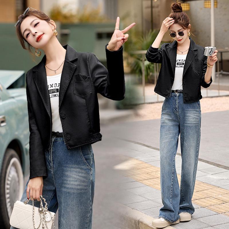 Damska casualowa kurtka z kołnierzykiem w stylu garniturowym ze skóry PU - Styl Wiosna/Jesień 2025 XG9958