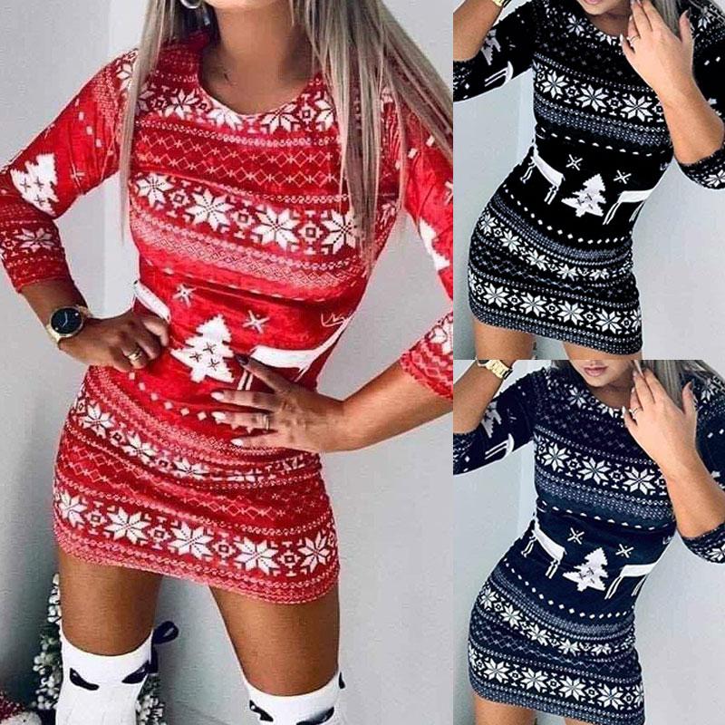 Buy Women's Fashion Christmas Tree Print Mini Dress Casual Long Sleeve