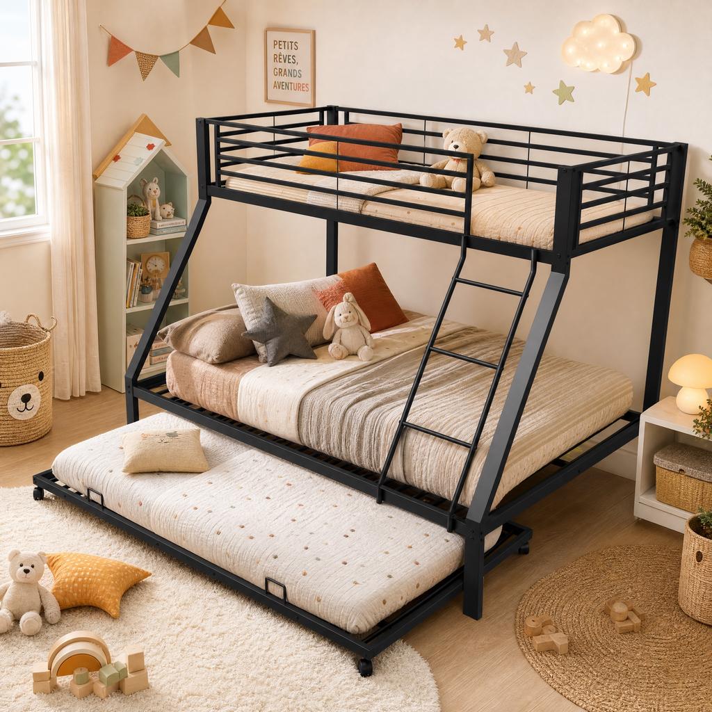 Metal Bunk Bed 90x200 & 140x200 Cm, Pull-Out Bed 90x190cm, Family Bed Capacity Up To 550kg, 3 Sleeping Places, Slanted Ladder & Fall Protection, Black