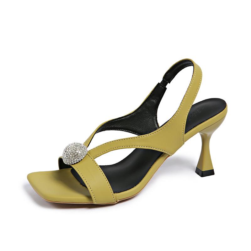 2025 Summer New with Skirt Square Head Fashion Sandals Women's Korean Version High Heel Thin Heel Elegant French Rhinestone Women's Shoes