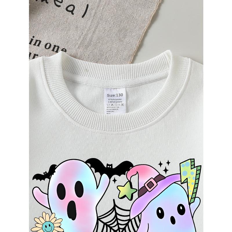 European Sizes Girls' Long-Sleeve Crewneck Sweatshirt "Cute for Halloween Ghosts" Printed Top, Casual for Celebrations & Everyday Wear