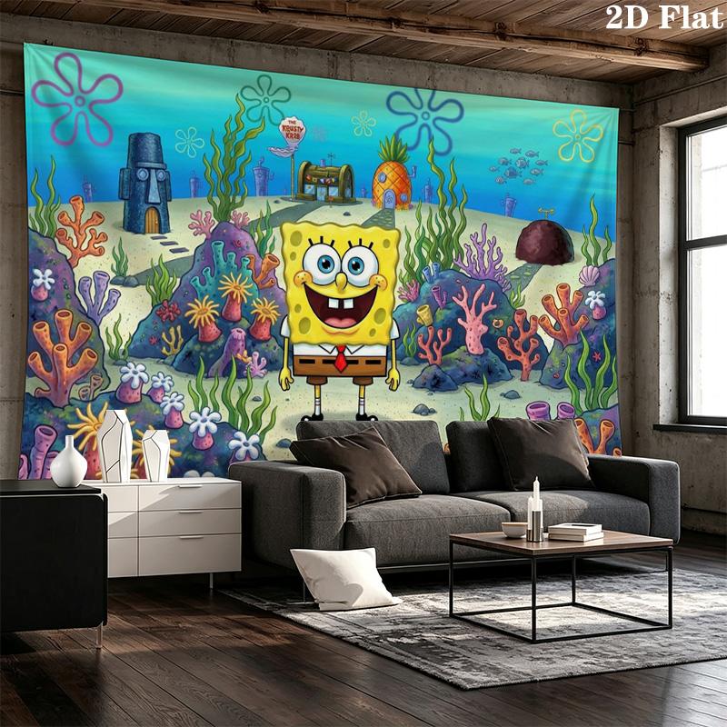 Yellow Sponge Cartoon Wall Tapestry Aesthetic Wall Hanging Printed Fabric Blanket Decorative Tapestries for Bedroom Living Room Home Decor