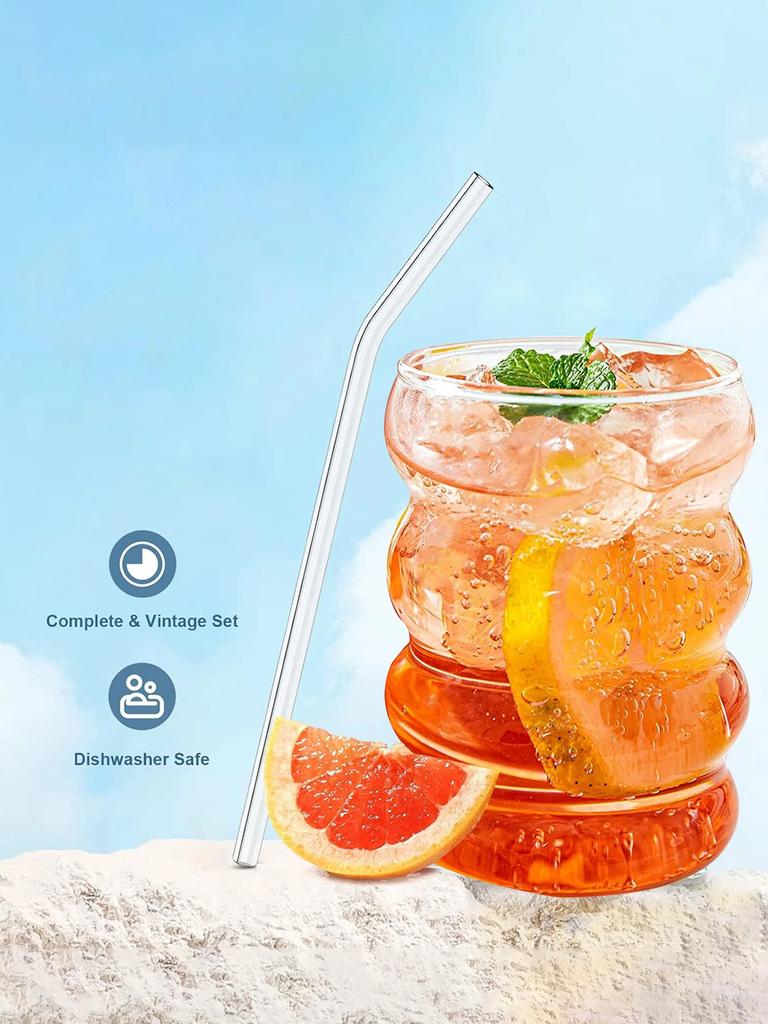 Leeseph 4Pcs Creative Glass Cups Coffee Mug Vintage Drinking Glasses Ribbed Glassware Aesthetic Cups with Straws Set