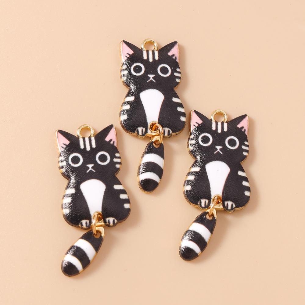 Leslie 10pcs Colorful Striped Cat Charms Lovely Cute Spotted Cat Pendants For Necklace Earring Keychains Diy Jewelry Making