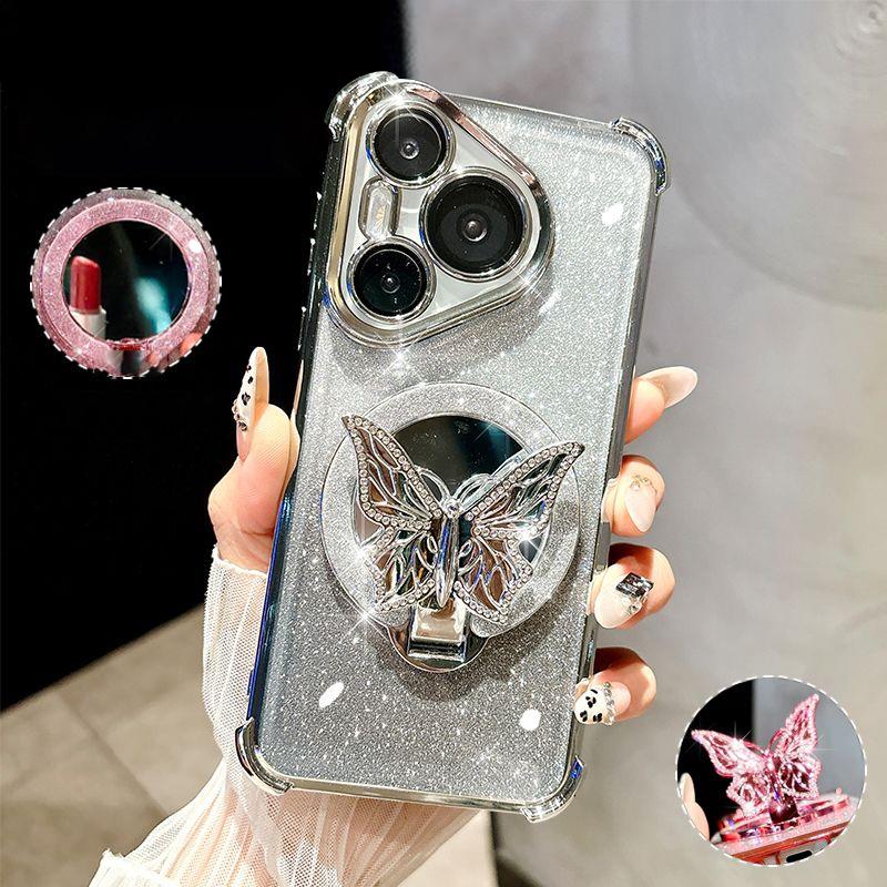 Butterfly Glitter Mirror Holder Phone Case For Huawei P30 Lite P40 P50 P60 Pura 70 Pro Mate 40 50 60 70 Shockproof Stand Cover