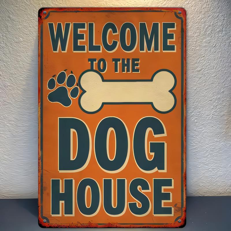 Tin Sign Welcome To The Dog House Vintage Metal Sign for Dog Lovers Paw Print Wall Decor Retro Rustic Tin Poster Pet Adopti